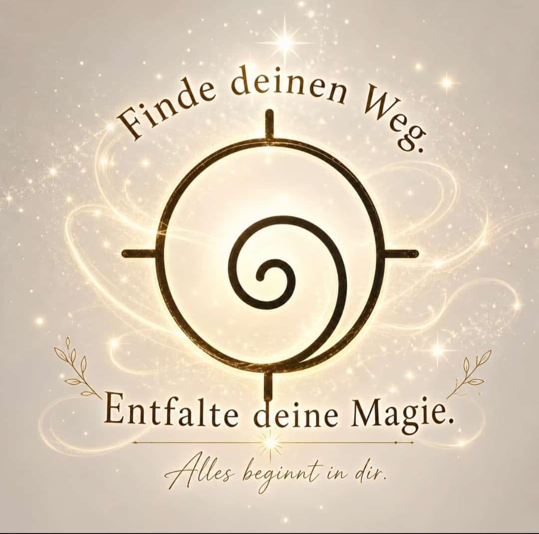 Das AMARU-Symbol: eine Spirale im Kreis, gerahmt von vier Zeichen, in goldenem Licht