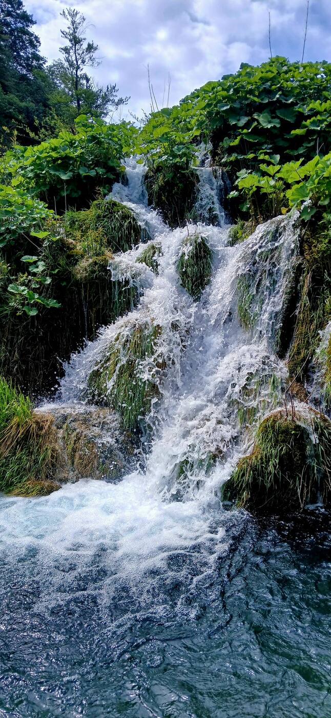 Wasserfall, der über bemooste Felsstufen in ein klares Becken stürzt